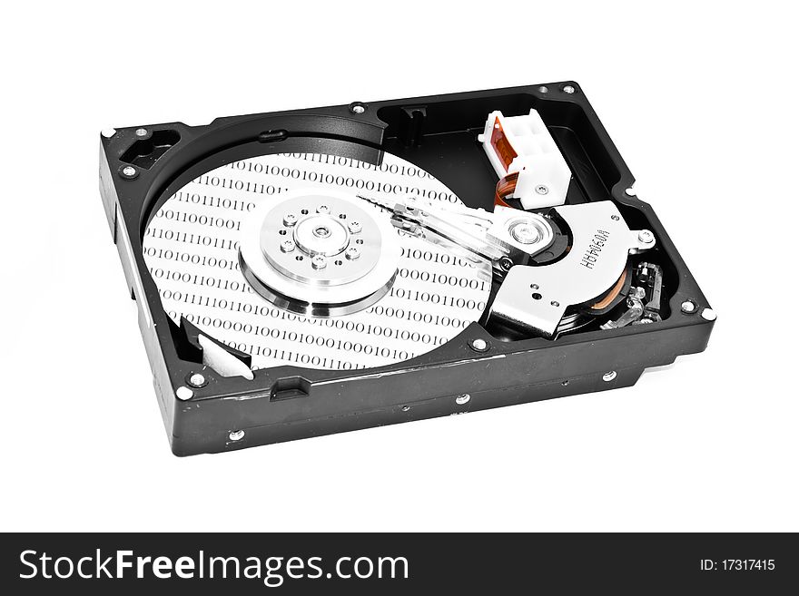Close-up inside view of hard disk isolated on white background