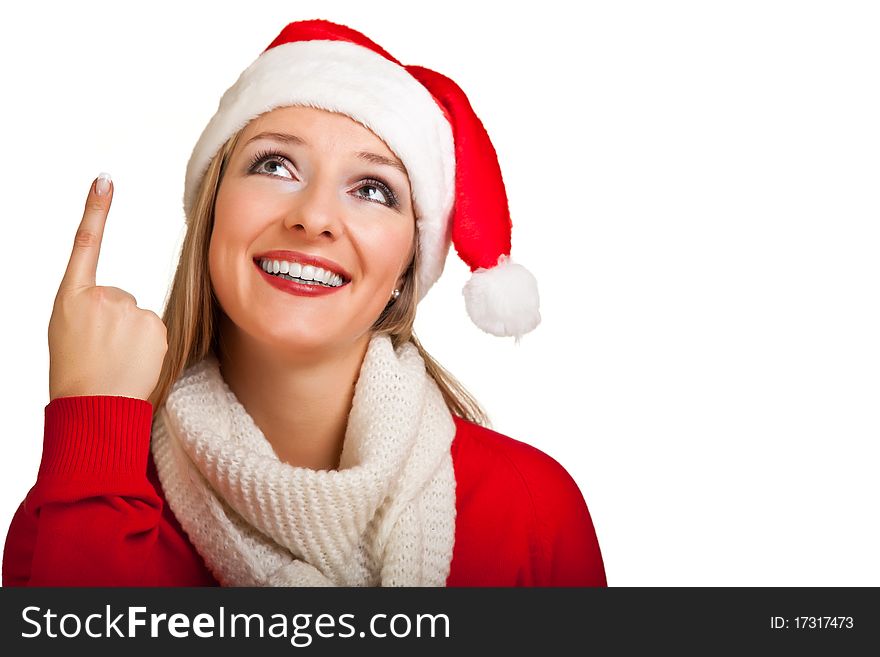 Woman in santa hat with christmas presents isolated on white background. Woman in santa hat with christmas presents isolated on white background