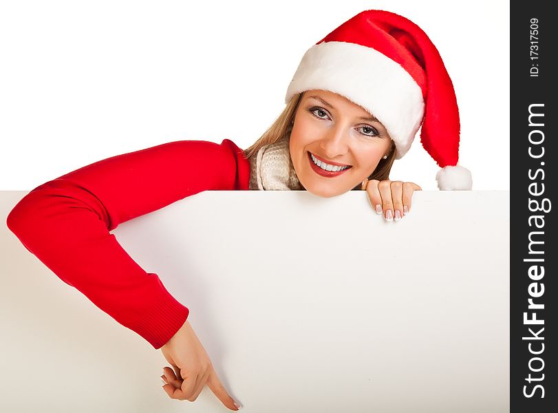Woman in santa hat with christmas presents isolated on white background. Woman in santa hat with christmas presents isolated on white background