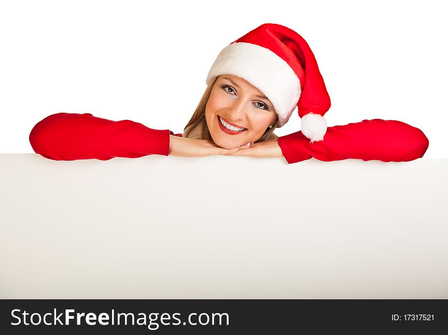 Woman in santa hat with christmas presents isolated on white background. Woman in santa hat with christmas presents isolated on white background