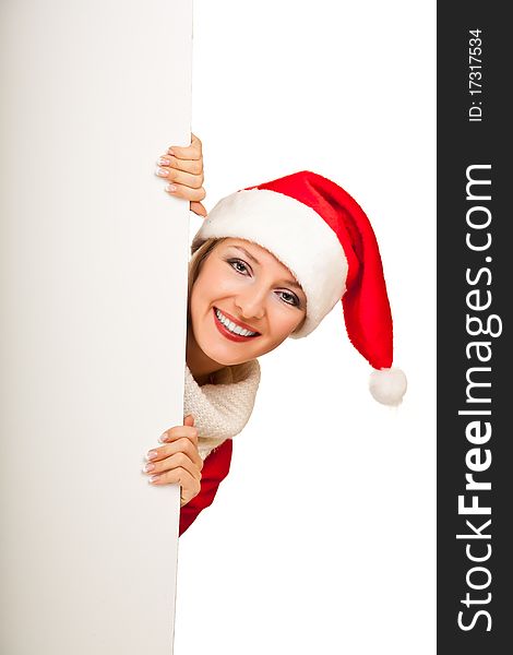 Woman in santa hat with christmas presents isolated on white background. Woman in santa hat with christmas presents isolated on white background