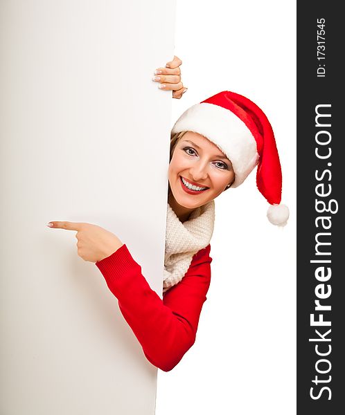 Woman in santa hat with christmas presents isolated on white background. Woman in santa hat with christmas presents isolated on white background