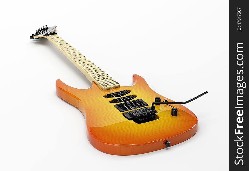 Yellow electric guitar with an orange tint. Located on a white background