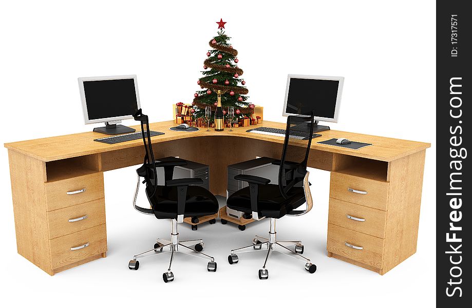 3D image of the working office space for two. On the table is decorated Christmas tree with gifts. The champagne and two glasses. 3D image of the working office space for two. On the table is decorated Christmas tree with gifts. The champagne and two glasses.