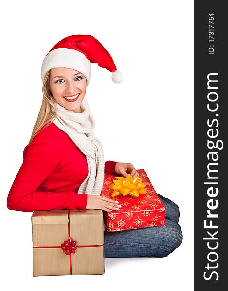 Woman in santa hat with presents