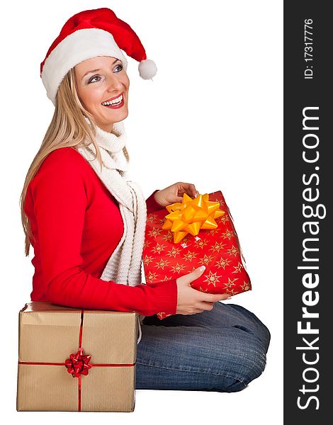 Woman in santa hat with presents