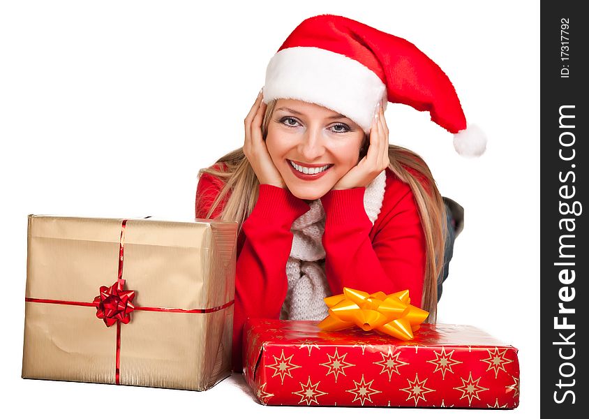 Woman In Santa Hat With Presents