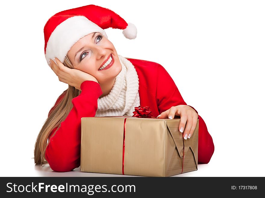 Woman in santa hat with presents