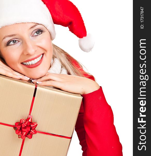 Woman in santa hat with presents