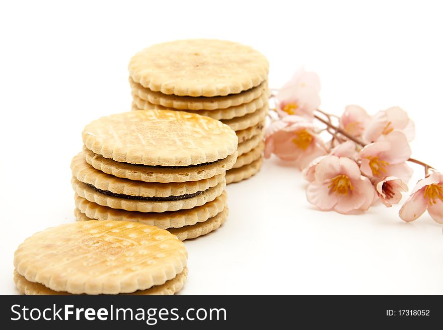Cookies with chocolate and flower blossom. Cookies with chocolate and flower blossom