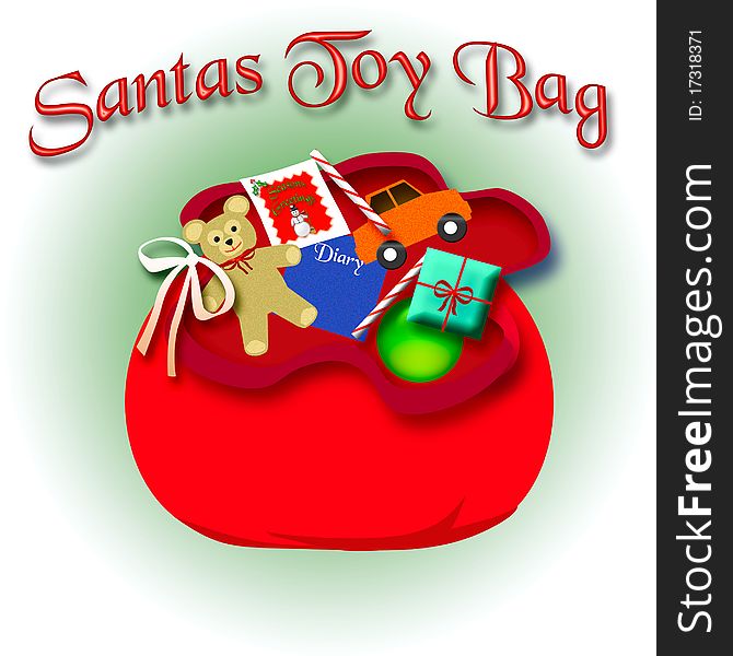 Santa's red velvet gift bag with toys illustration. Santa's red velvet gift bag with toys illustration