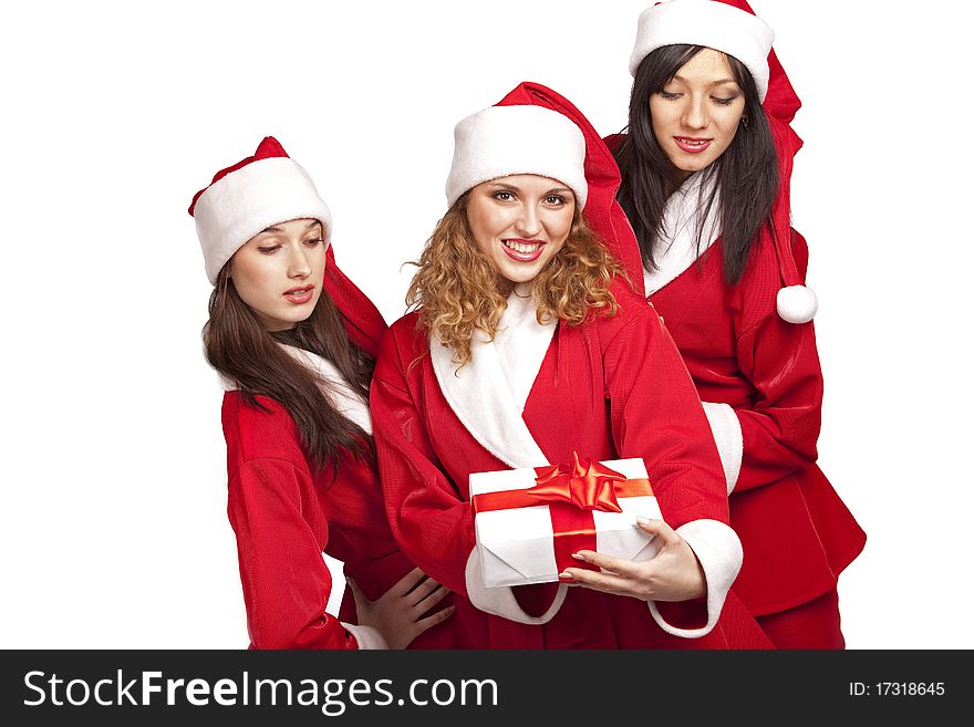 Young Santas with a gift box isolated on white