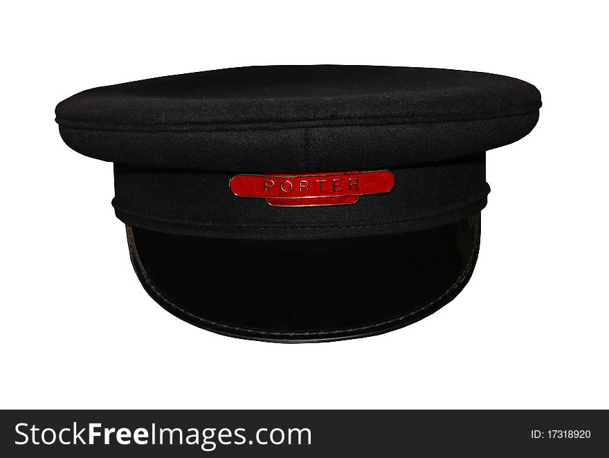 A Black Cloth Material Porters Cap with Red Badge. A Black Cloth Material Porters Cap with Red Badge.