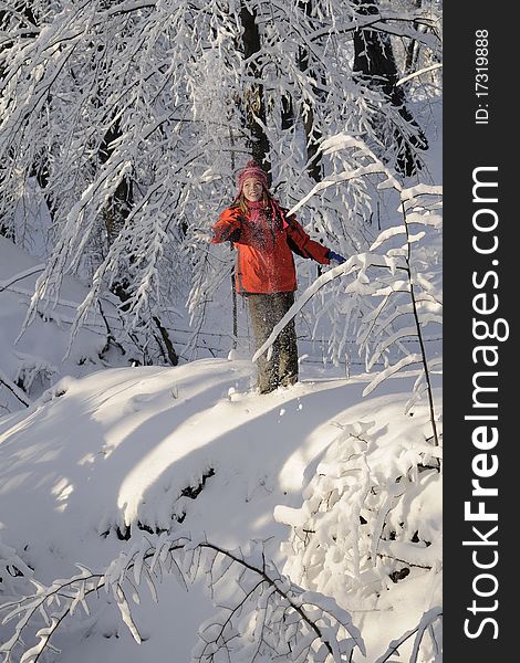 White child enjoying beauty of snow and winter season in forest. White child enjoying beauty of snow and winter season in forest