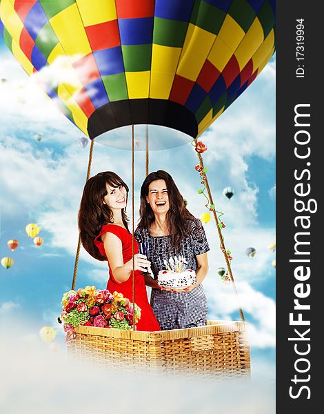 Beauty Girls On Air Balloon In The Sky