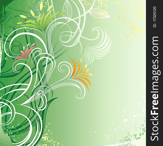 Abstract floral scrolls on grunge background in green tone. Abstract floral scrolls on grunge background in green tone.