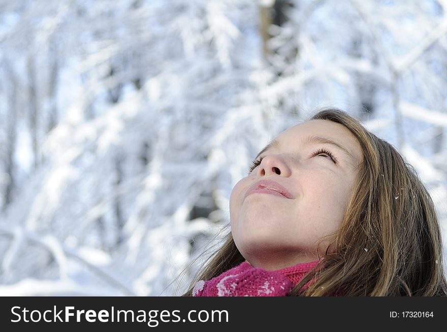 Funny girl posing in winter season, snow on branches in background. Funny girl posing in winter season, snow on branches in background