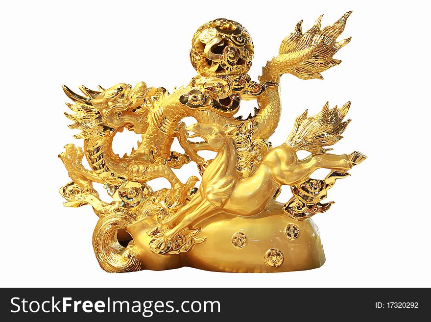 Golden dragon statue isolated on white. Golden dragon statue isolated on white