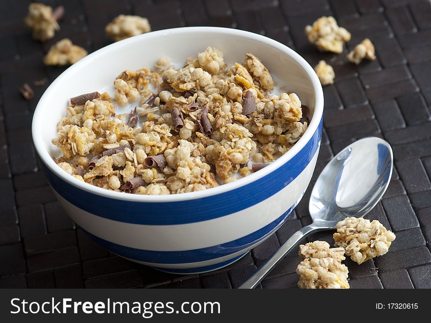 Crunchy nut clusters with chocolate chips in a bowl