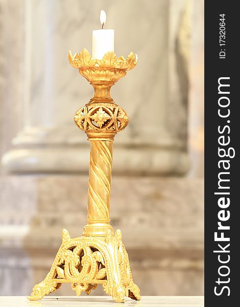 Candle and golden candlestick in church ,Thailand