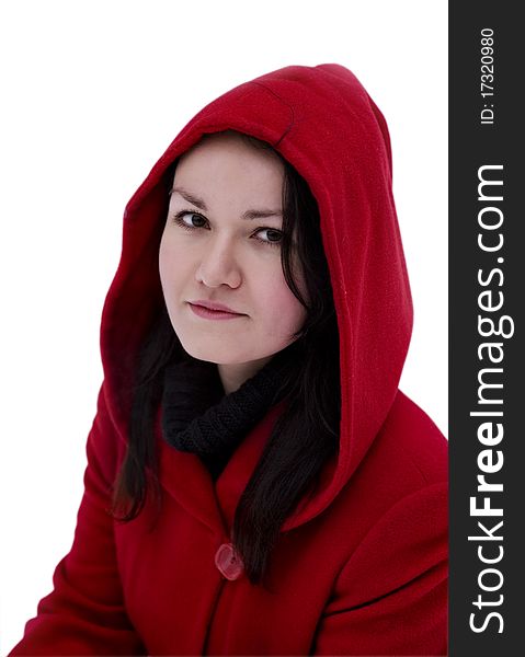 Girl in the red coat on a white background