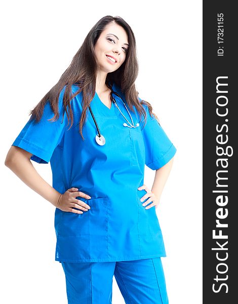 Female health care worker wearing stethoscope smiling. Female health care worker wearing stethoscope smiling