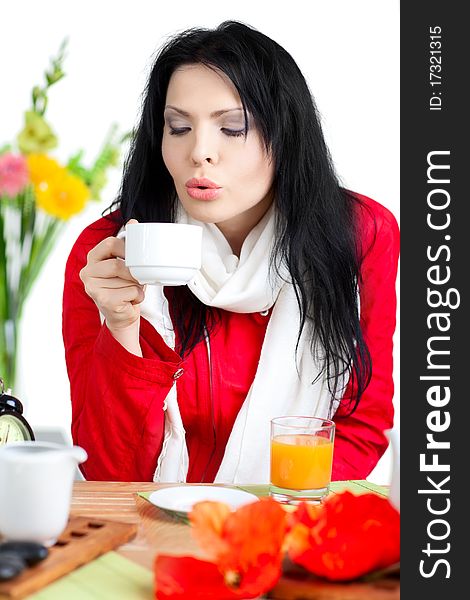 Beautiful woman  in cafe over white background