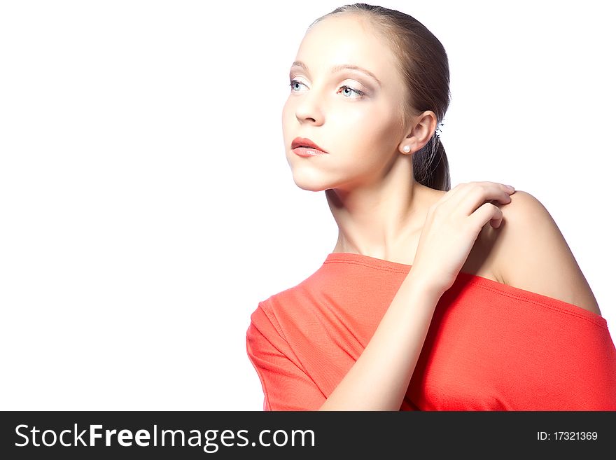 Beautiful woman   over white background in red dress. Beautiful woman   over white background in red dress