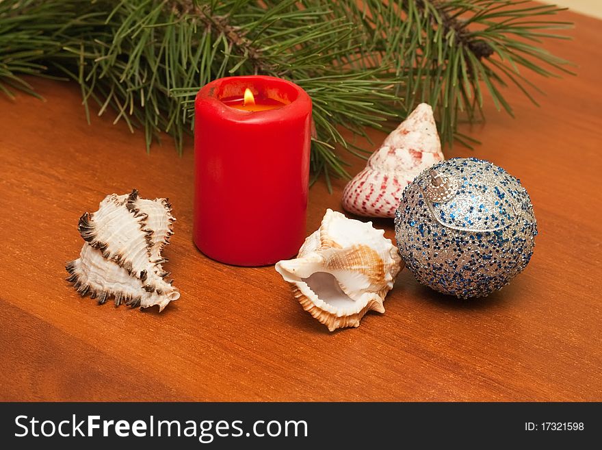 Christmas decorations with candles and sea shells. Christmas decorations with candles and sea shells