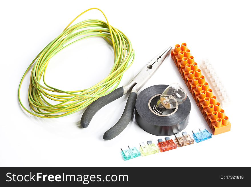 Colorful coils of cables on a white background