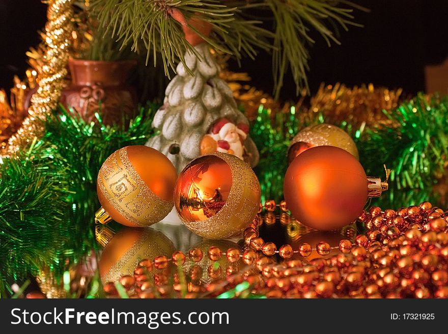 Background Christmas decoration with fir tree toys. Background Christmas decoration with fir tree toys