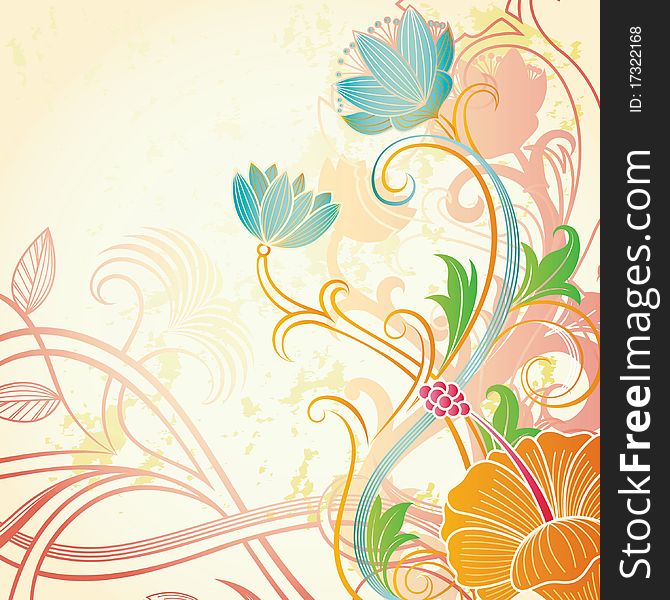 Abstract hibiscus and floral scrolls on grunge background.