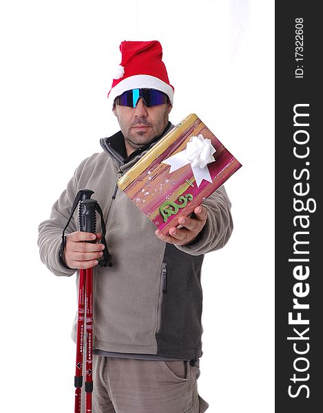 Hiker with a gift (studio shot isolated on white background)