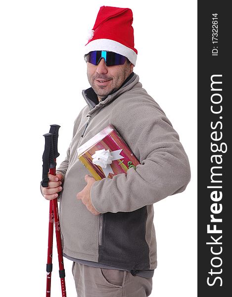 Hiker with a gift (studio shot isolated on white background)