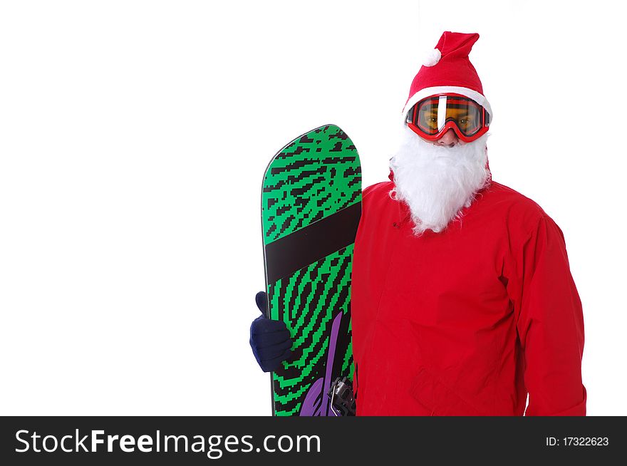 Snowboarder,dress as Santa Claus, isolated on white background