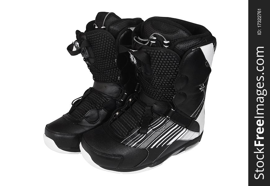 Boots for a snowboard on a white background