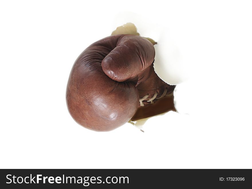 Old boxing glove on white background