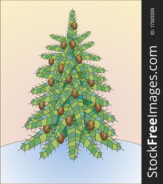 Vector image. A stylized image of a fluffy ornamental fir-tree with cones