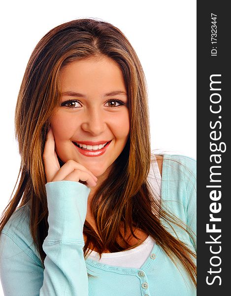 Isolated young woman poses with a sweet smile. Isolated young woman poses with a sweet smile