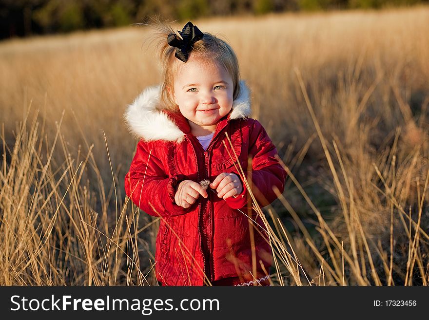 Small Girl In Red Jacket In A Field