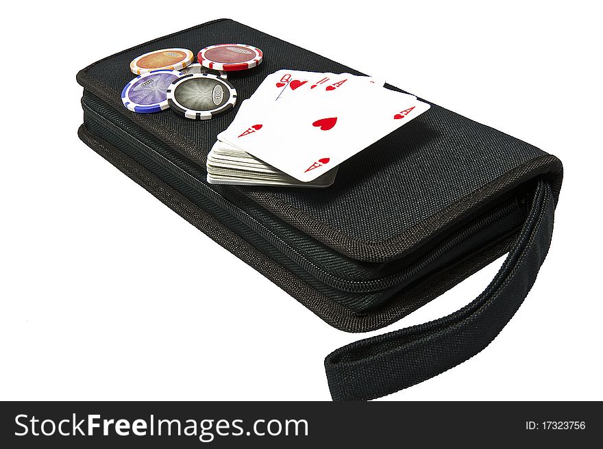 Bag with the game of poker on a white background. Bag with the game of poker on a white background