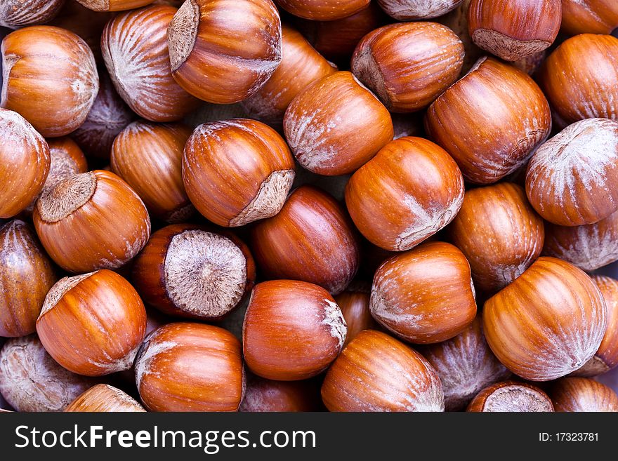 Selection of Hazelnuts forming a background close up