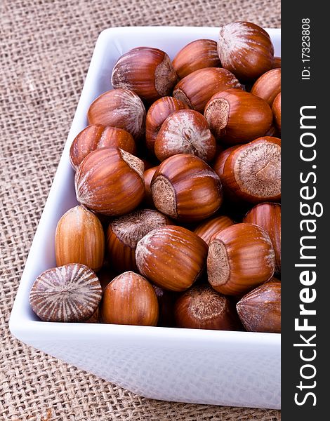 Selection of Hazelnuts in a square bowl