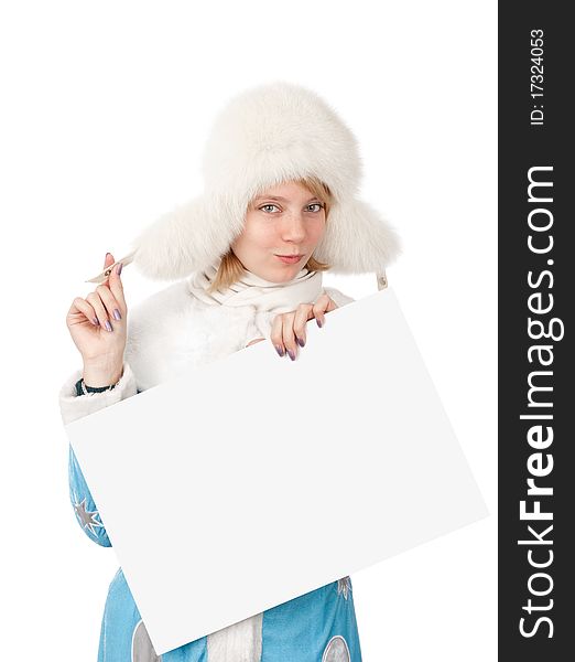 Christmas woman holding a blank banner. Christmas woman holding a blank banner