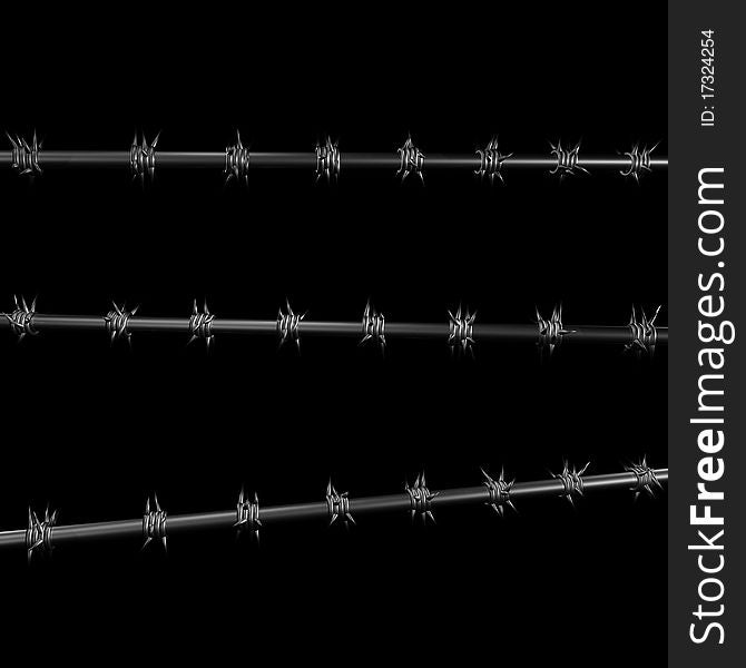 Black barbed wire stretched in several rows. 3d computer modeling