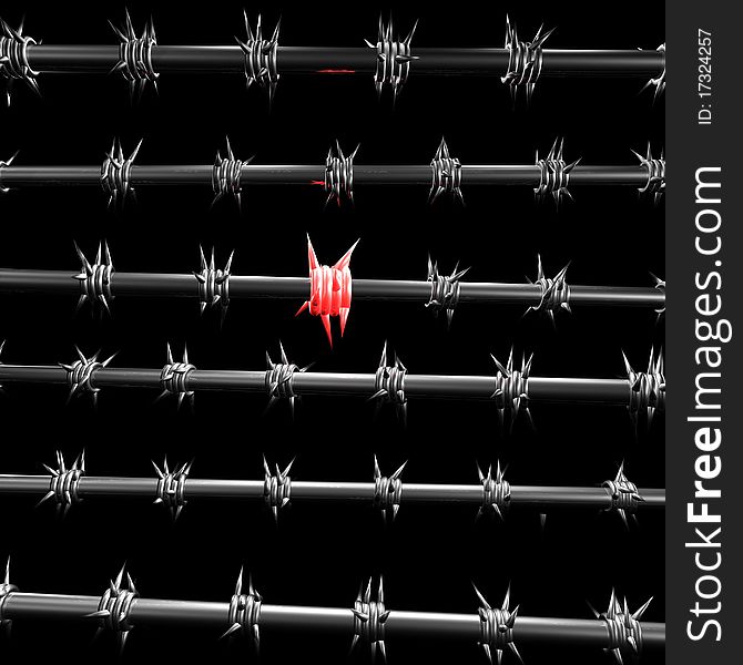 Barbed wire a few series, which has one of the prickly thorns in red. 3d computer modeling