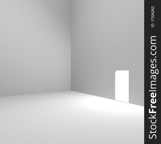 Large bright room in which one output with bright lighting. 3d computer modeling