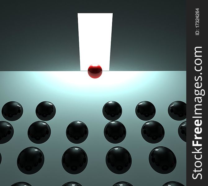 Large room in which one out and placed the black balls and one red light near the exit. 3d computer modeling