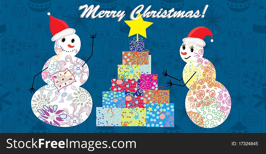 Christmas wallpaper with snowans and tree from gifts