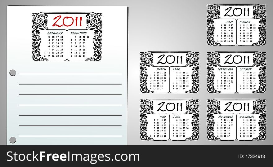 Illustration with calendar page for year 2011. Illustration with calendar page for year 2011